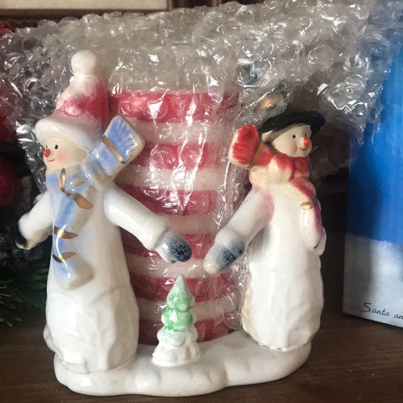 Porcelain Snowman Candy Cane Tea Light Holder - Picture 8 of 8